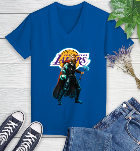 NBA Thor Avengers Endgame Basketball Los Angeles Lakers Women's V-Neck T-Shirt 10