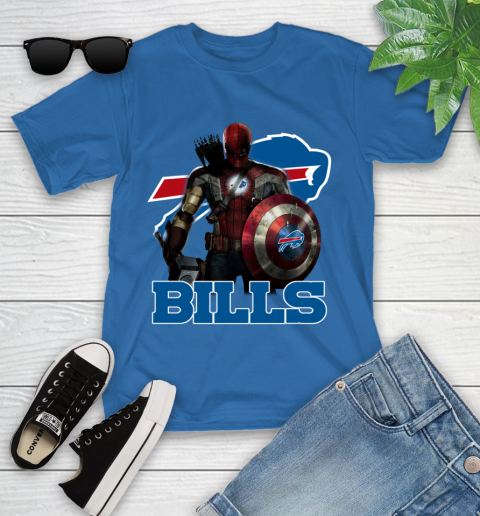 NFL Captain America Thor Spider Man Hawkeye Avengers Endgame Football Buffalo Bills Youth T-Shirt 9