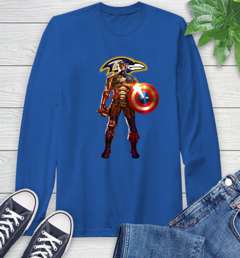 NFL Captain America Marvel Avengers Endgame Football Sports Baltimore Ravens Long Sleeve T-Shirt 9