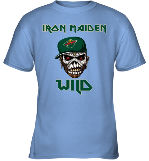 NHL Minnesota Wild Iron Maiden Rock Band Music Hockey Sports QA8wjtnF8wt youth t shirt 26 95 151514 front carolina blue