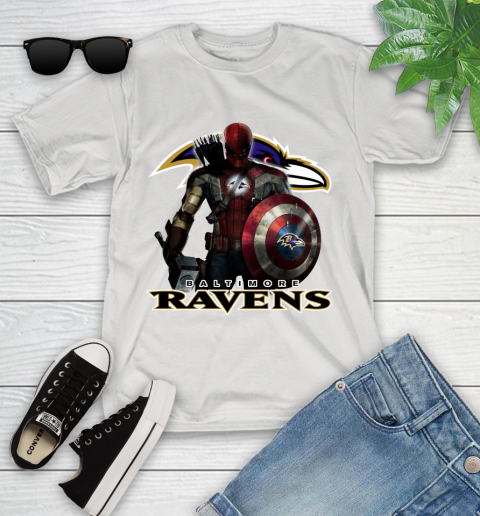 NFL Captain America Thor Spider Man Hawkeye Avengers Endgame Football Baltimore Ravens Youth T-Shirt