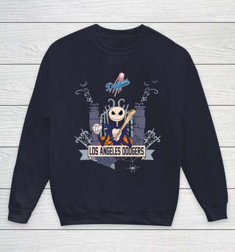 MLB Los Angeles Dodgers Baseball Jack Skellington Halloween Youth Sweatshirt 2