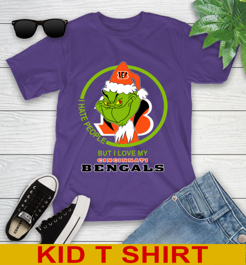 Cincinnati Bengals NFL Christmas Grinch I Hate People But I Love My Favorite Football Team Youth T-Shirt 4