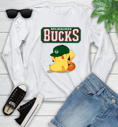 NBA Pikachu Basketball Sports Milwaukee Bucks Youth Long Sleeve