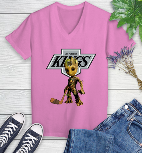 Los Angeles Kings NHL Hockey Groot Marvel Guardians Of The Galaxy Women's V-Neck T-Shirt 14