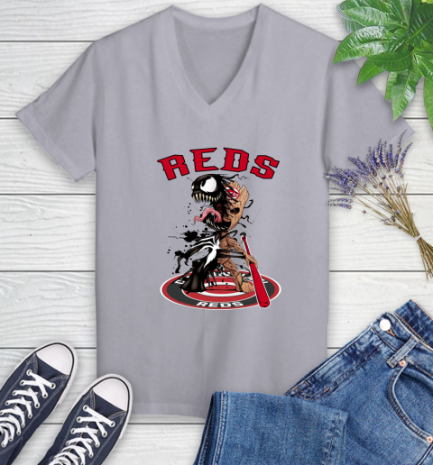 MLB Cincinnati Reds Baseball Venom Groot Guardians Of The Galaxy Women's V-Neck T-Shirt 4