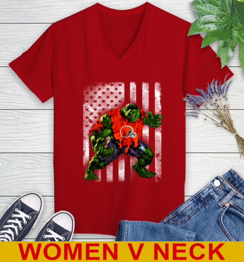 Cleveland Browns Hulk Marvel Avengers NFL Football American Flag Women's V-Neck T-Shirt 10