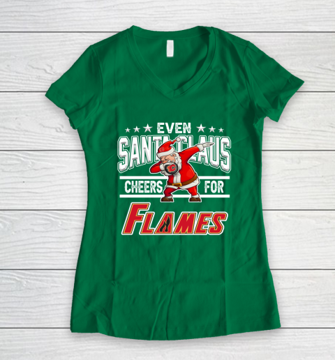 Calgary Flames Even Santa Claus Cheers For Christmas NHL Women's V-Neck T-Shirt 3