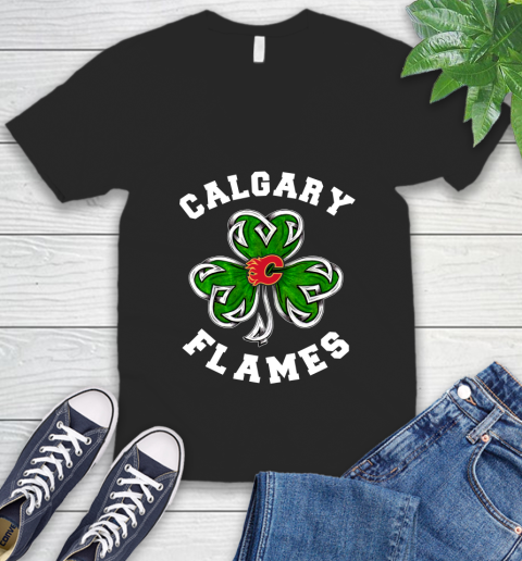 NHL Calgary Flames Three Leaf Clover St Patrick's Day Hockey Sports V-Neck T-Shirt
