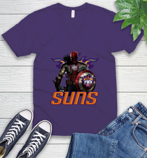 Phoenix Suns NBA Basketball Captain America Thor Spider Man Hawkeye Avengers V-Neck T-Shirt 10