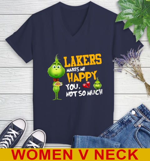 NBA Los Angeles Lakers Makes Me Happy You Not So Much Grinch Basketball Sports Women's V-Neck T-Shirt 12