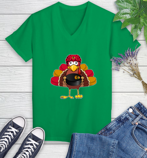 Chicago Blackhawks Turkey Thanksgiving Day Women's V-Neck T-Shirt 5