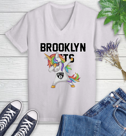 Brooklyn Nets NBA Basketball Funny Unicorn Dabbing Sports Women's V-Neck T-Shirt