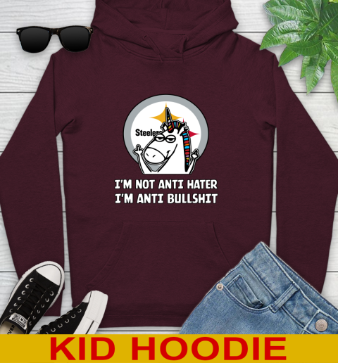 Pittsburgh Steelers NFL Football Unicorn I'm Not Anti Hater I'm Anti Bullshit Youth Hoodie 7