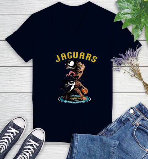 NFL Jacksonville Jaguars Football Venom Groot Guardians Of The Galaxy Women's V-Neck T-Shirt - Image 4