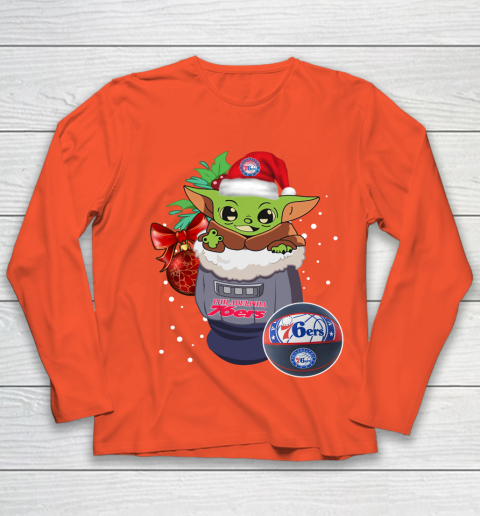 Philadelphia 76ers Christmas Baby Yoda Star Wars Funny Happy NBA Youth Long Sleeve 4
