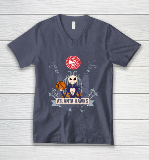 NBA Atlanta Hawks Basketball Jack Skellington Halloween V-Neck T-Shirt 7