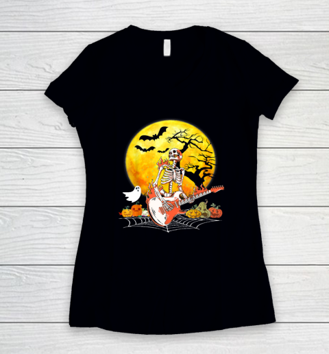 Funny Halloween Funny Skeleton Playing Guitar Pumpkin Vibes Women's V-Neck T-Shirt