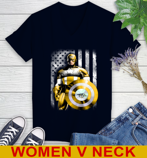 Nashville Predators NHL Hockey Captain America Marvel Avengers American Flag Shirt Women's V-Neck T-Shirt 2