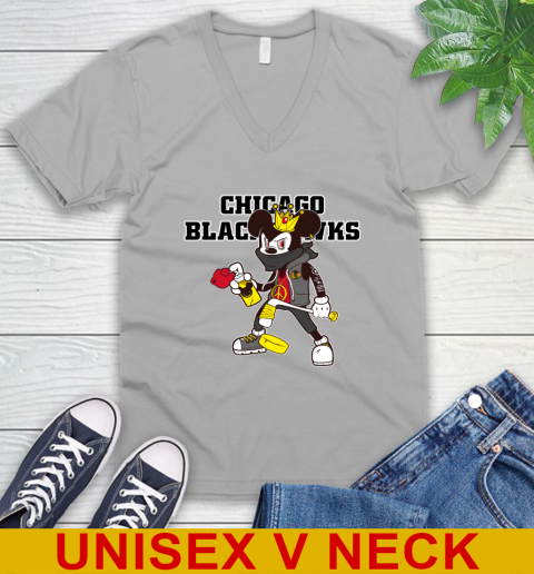 Chicago Blackhawks NHL Hockey Mickey Peace Sign Sports V-Neck T-Shirt 4