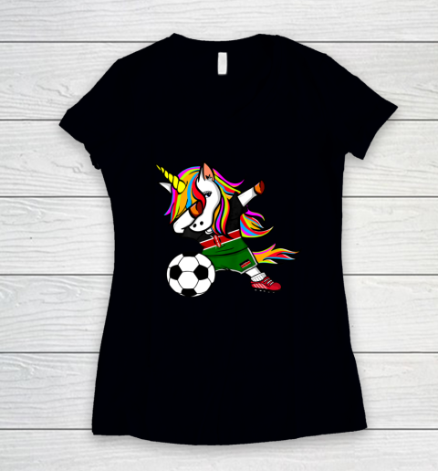 Funny Dabbing Unicorn Kenya Football Kenyan Flag Soccer Women's V-Neck T-Shirt