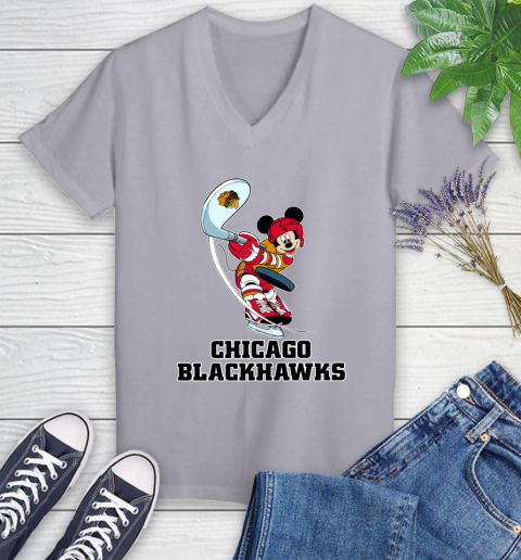 NHL Hockey Chicago Blackhawks Cheerful Mickey Mouse Shirt Women's V-Neck T-Shirt 4