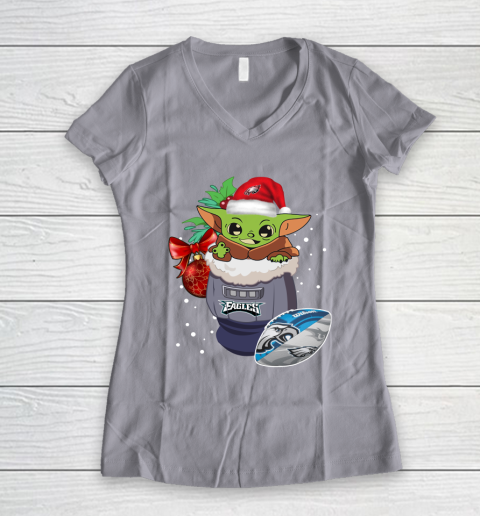 Philadelphia Eagles Christmas Baby Yoda Star Wars Funny Happy NFL Women's V-Neck T-Shirt 4