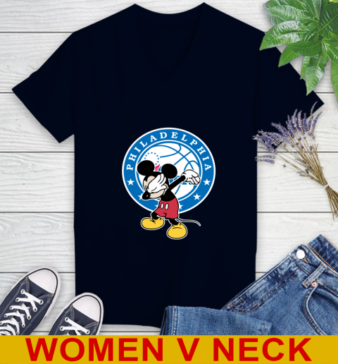 Philadelphia 76ers NBA Basketball Dabbing Mickey Disney Sports Women's V-Neck T-Shirt 3