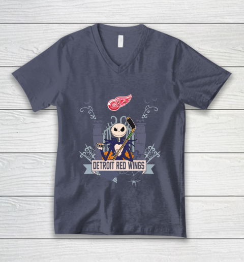 NHL Detroit Red Wings Hockey Jack Skellington Halloween V-Neck T-Shirt 7