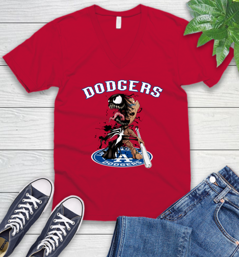 MLB Los Angeles Dodgers Baseball Venom Groot Guardians Of The Galaxy V-Neck T-Shirt 7