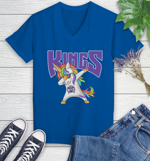 Sacramento Kings NBA Basketball Funny Unicorn Dabbing Sports Women's V-Neck T-Shirt 10
