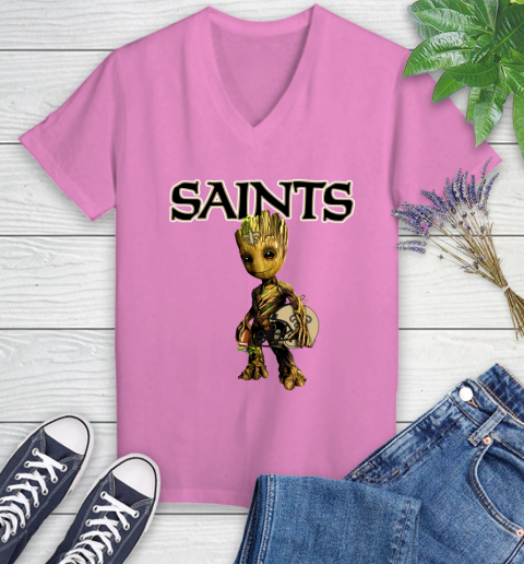 New Orleans Saints NFL Football Groot Marvel Guardians Of The Galaxy Women's V-Neck T-Shirt 14