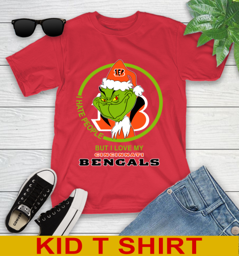 Cincinnati Bengals NFL Christmas Grinch I Hate People But I Love My Favorite Football Team Youth T-Shirt 10