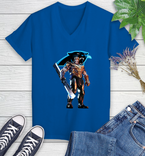NFL Thanos Gauntlet Avengers Endgame Football Carolina Panthers Women's V-Neck T-Shirt 10