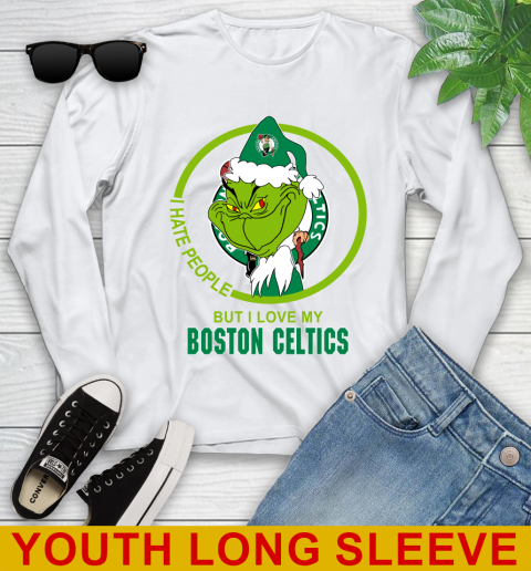 Boston Celtics NBA Christmas Grinch I Hate People But I Love My Favorite Basketball Team Youth Long Sleeve
