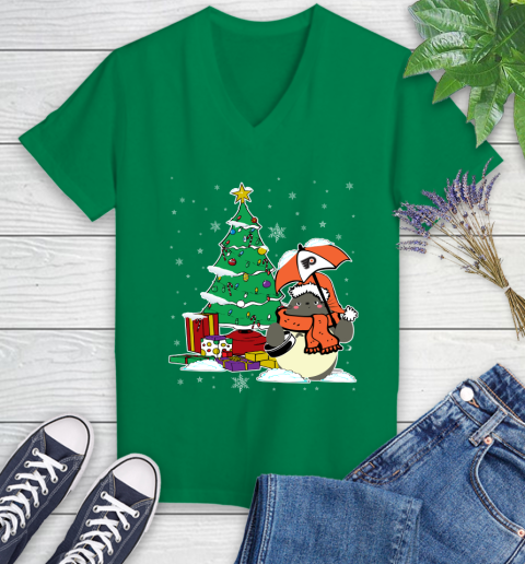 Philadelphia Flyers NHL Hockey Cute Tonari No Totoro Christmas Sports Women's V-Neck T-Shirt 5