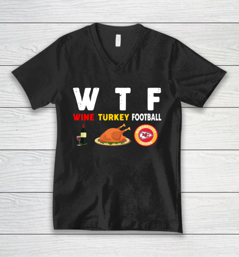 Kansas City Chiefs Giving Day WTF Wine Turkey Football NFL V-Neck T-Shirt