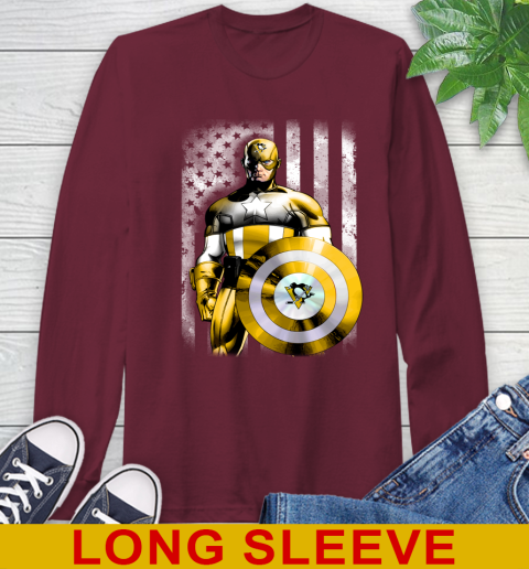 Pittsburgh Penguins NHL Hockey Captain America Marvel Avengers American Flag Shirt Long Sleeve T-Shirt 7
