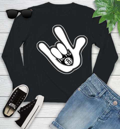 Brooklyn Nets NBA Basketball Mickey Rock Hand Disney Youth Long Sleeve 2