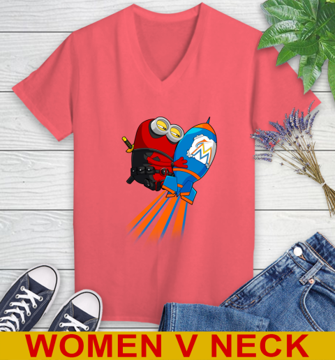 MLB Baseball Miami Marlins Deadpool Minion Marvel Shirt Women's V-Neck T-Shirt 6
