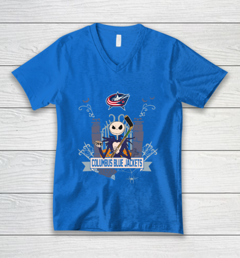 NHL Columbus Blue Jackets Hockey Jack Skellington Halloween V-Neck T-Shirt 5