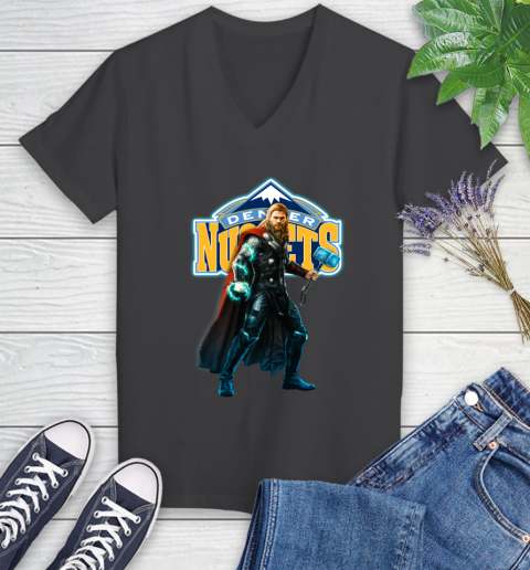 NBA Thor Avengers Endgame Basketball Denver Nuggets Women's V-Neck T-Shirt 8