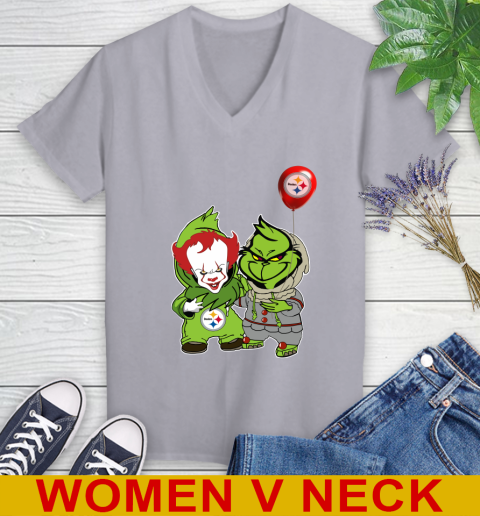 Pittsburgh Steelers Baby Pennywise Grinch Christmas NFL Football Women's V-Neck T-Shirt 5
