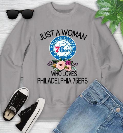 NBA Just A Woman Who Loves Philadelphia 76ers Basketball Sports Youth Sweatshirt 2