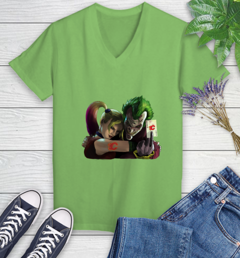 Calgary Flames NHL Hockey Joker Harley Quinn Suicide Squad Women's V-Neck T-Shirt 11
