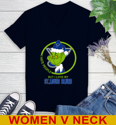 St.Louis Blues NHL Christmas Grinch I Hate People But I Love My Favorite Hockey Team Women's V-Neck T-Shirt 3