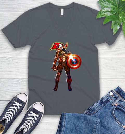 NFL Captain America Marvel Avengers Endgame Football Sports Tampa Bay Buccaneers V-Neck T-Shirt 5