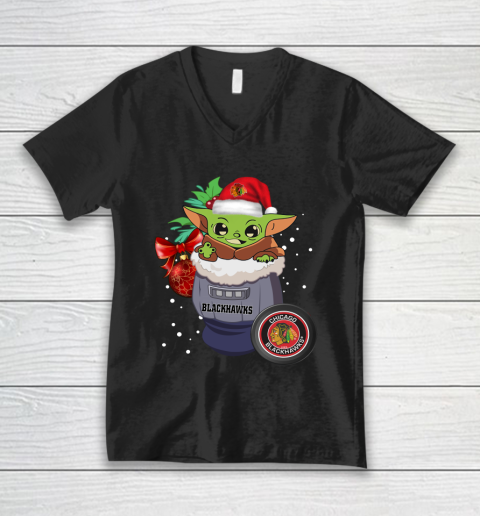Chicago Blackhawks Christmas Baby Yoda Star Wars Funny Happy NHL V-Neck T-Shirt