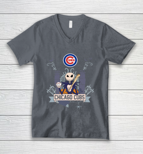 MLB Chicago Cubs Baseball Jack Skellington Halloween V-Neck T-Shirt 4