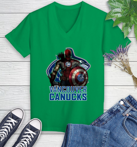 NHL Captain America Thor Spider Man Hawkeye Avengers Endgame Hockey Vancouver Canucks Women's V-Neck T-Shirt 5